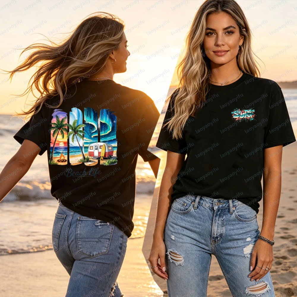 Beach Life T-Shirt für Damen, Aquarell-Palmenbaum-Camper-Grafik-T-Shirts, lässige Kurzarm-Baumwolloberteile, Sommer-Camping-Urlaubshemden