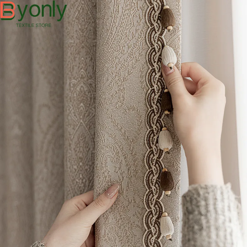 French Retro European Flower Milk Tea Color Embossed Curtains for Living Room Bedroom Balcony Customized French Window