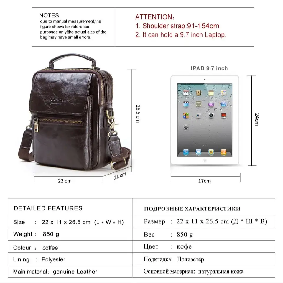 Torby na ramię z prawdziwej skóry dla mężczyzn Retro Messenger Bag Crossbody Bags Wysokiej jakości torba męska Torba podróżna na iPada 9,7"
