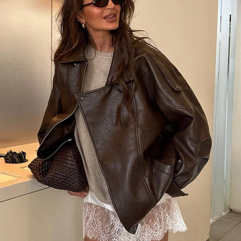

Американский винтажный кожаный жакет женский свободного кроя однотонный осенне-зимний новый стильный длинный жакет модный