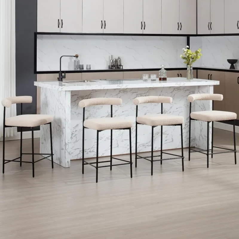 Modern Bar Stools Set of 4, 26'' Counter Height Barstools with Metal Legs, Sherpa Upholstered Kitchen Stools Curved Open