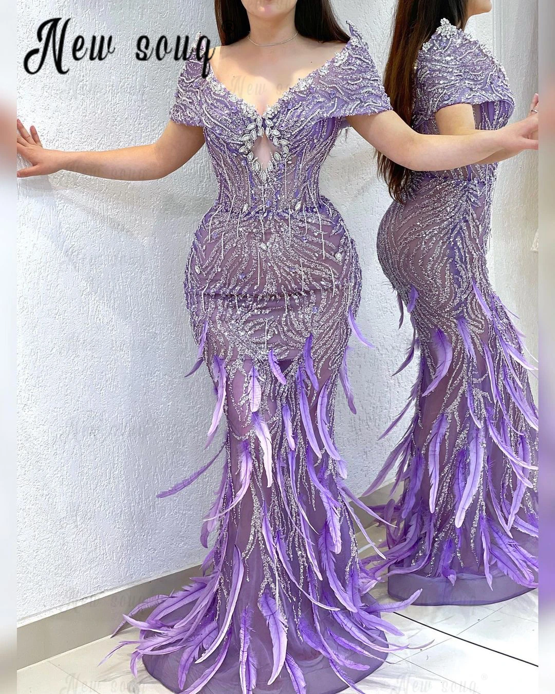 New Arrival Purple Off Shoulder Evening Dress With Feather Mermaid Long Luxury Celebrity Gowns Dubai Women Cocktail Party Gowns