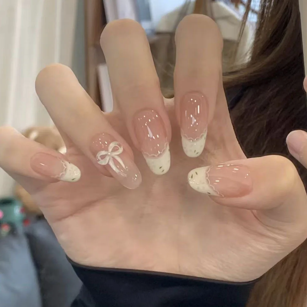 

Pure desire gentle small fresh milk white French ballet small floral three-dimensional bow wearing nail finished product