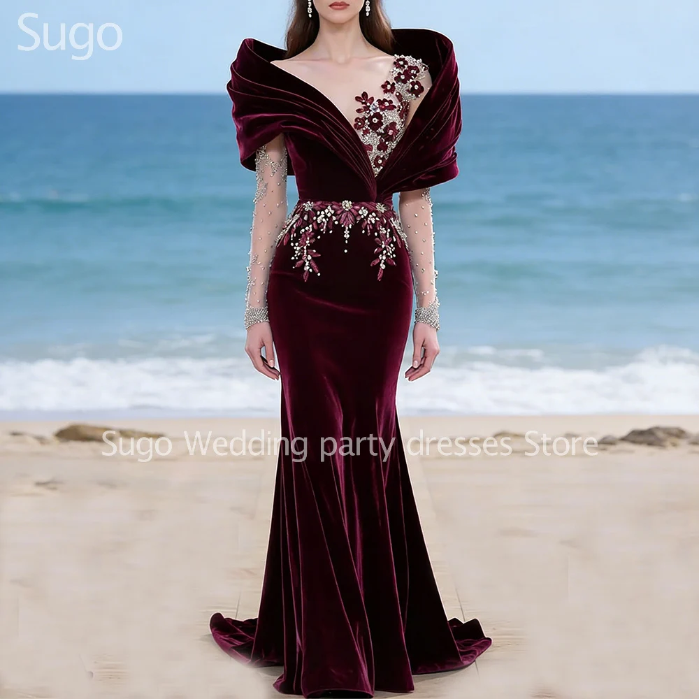 

Customized New In Burgundy Beads Evening Dresses for Special Occasions Floor-Length Sweep Train Women Prom Party Gala Gown 2026