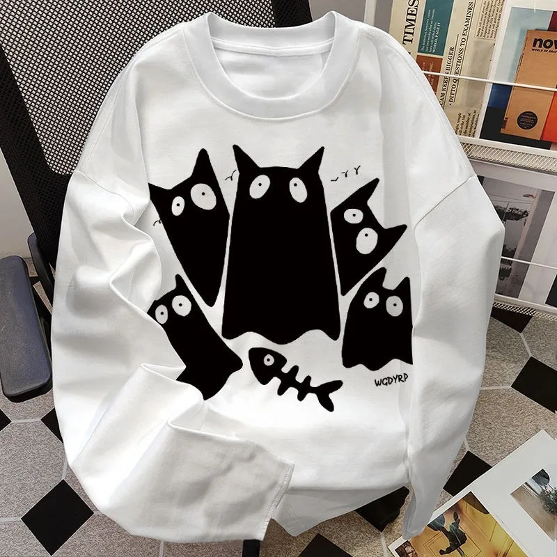 ZAZOMDE 2025 Man Unisex Cartoon Cat Design Long Sleeve Cotton Tee Heavyweight Loose Fit Minimalist Urban Fashion Essential