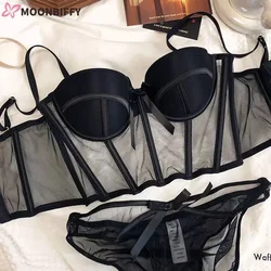 Sujetador de encaje para mujer, ropa interior Sexy de malla, Bralette suave con forma de media Copa, antisag, Push Up, conjunto de ropa interior gruesa