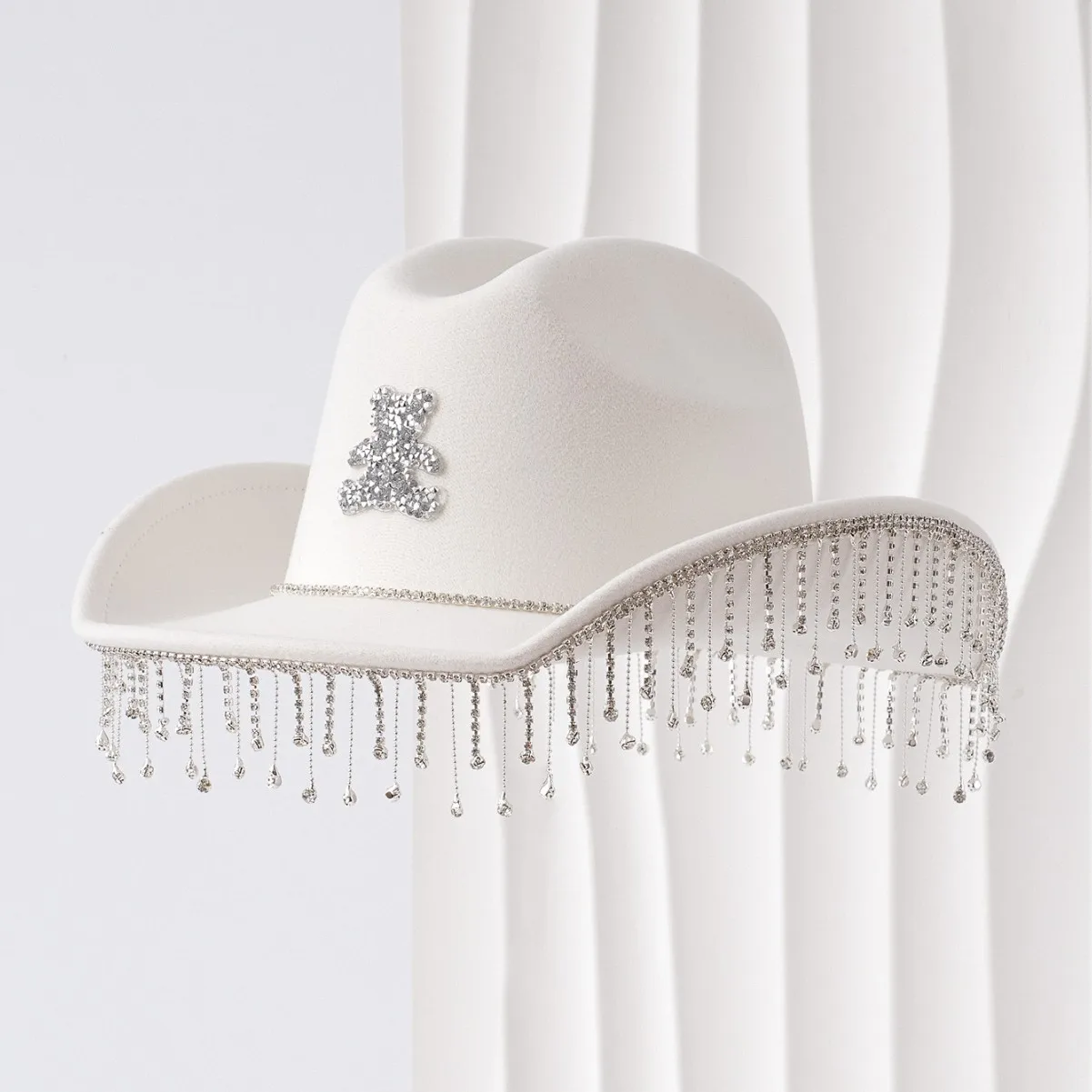 

HongLuan Винтажная белая ковбойская шляпа Fedora с кисточками и стразами для женщин и фетровые цилиндры, ковбойские аксессуары и вечерние кепки для мужчин