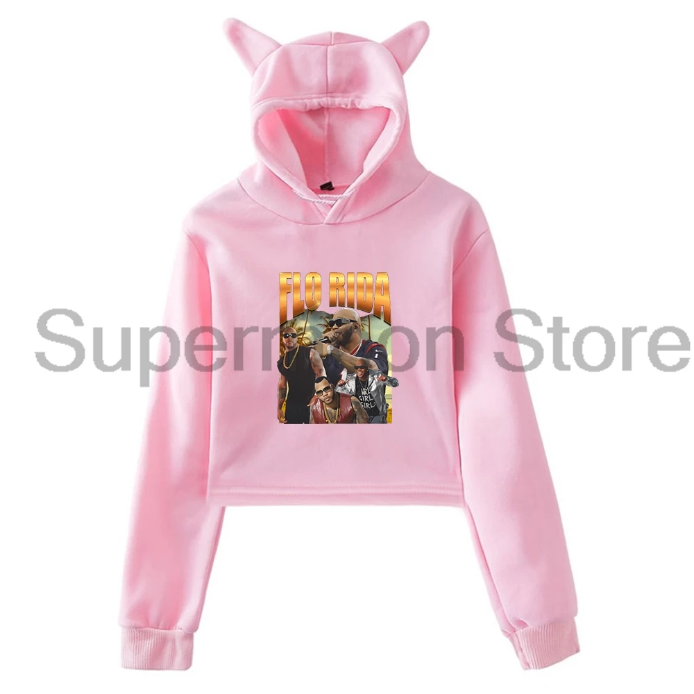 Flo Rida Rapper Vintage Graphic Pullover Female Cat Ears Hoodie Long Sleeve Crop Top Odzież damska