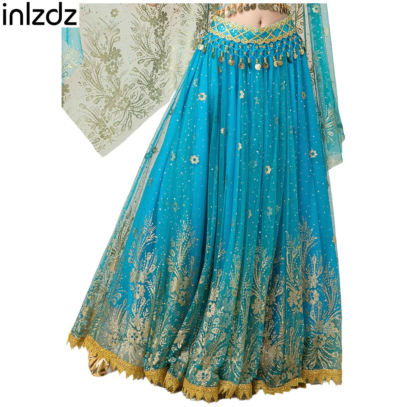 

Womens India Dance Skirt Sheer Tulle Exquisite Trim Elastic Waist Big Swing Maxi with Soft Lining for Belly Dance Performance
