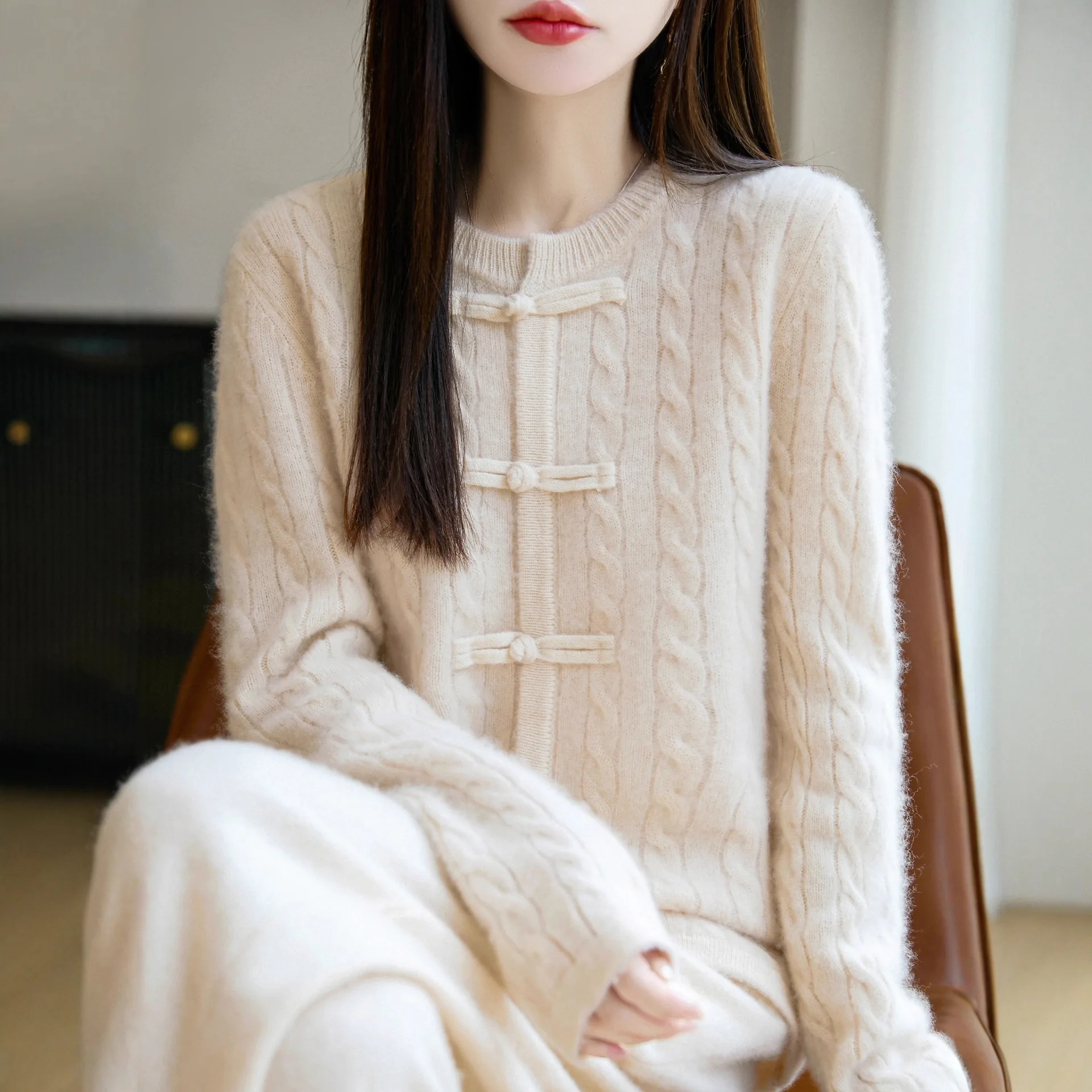 여성용 가디건 100% 울 긴 소매 O넥 아우터웨어 두꺼운 따뜻한 니트 스웨터 싱글 브레스티드 한국 패션 루즈 가디건