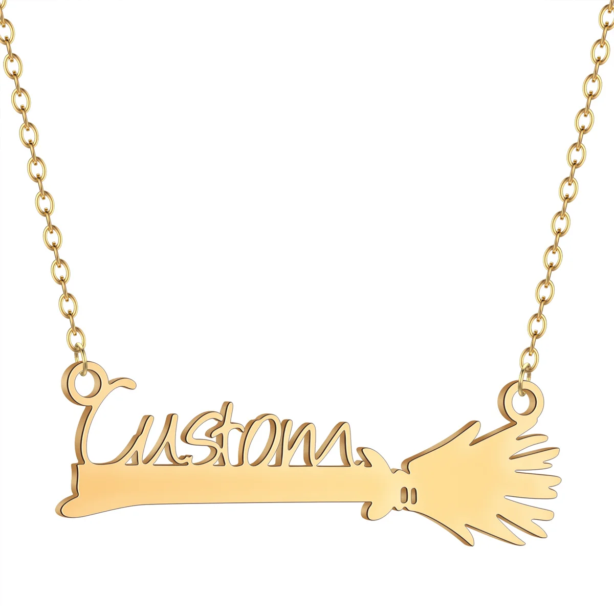 QIAMNI Customized Witch Flying Magic Broom Pendant Necklace for Women Men Stainless Steel Custom Name Choker Halloween Jewelry