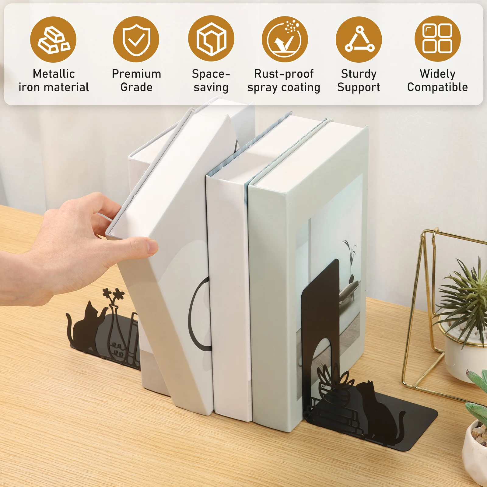 2Pcs Cat Bookend Iron Unique Bookend Stable Cute Book End Decorative Book Holder for Coworker Reading Enthusiast Cat Lover