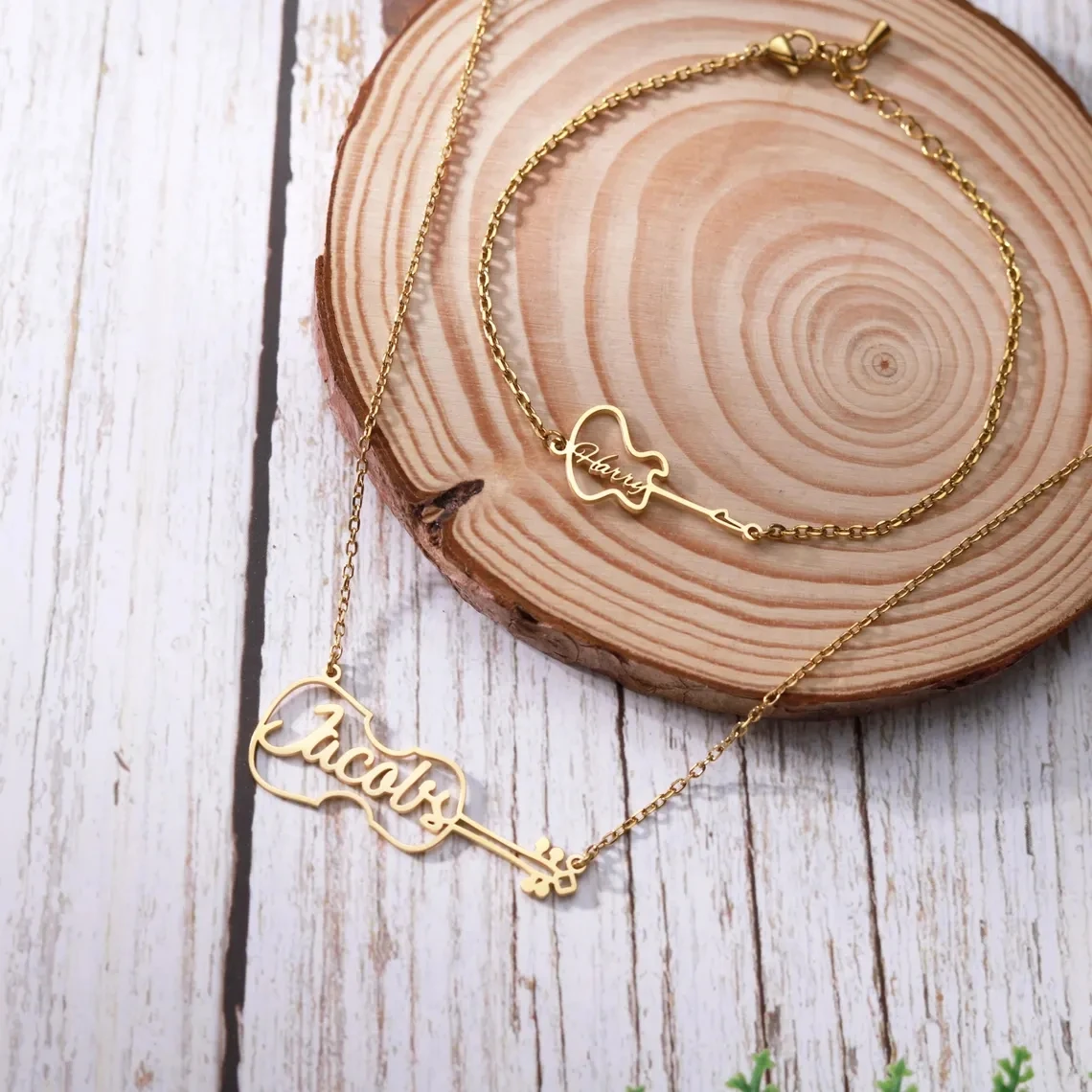 Customized Name Guitar Pendant Necklace Bracelet Jewelry Set for Men Women Couple StainlessSteel Personalized Set Guitarist Gift