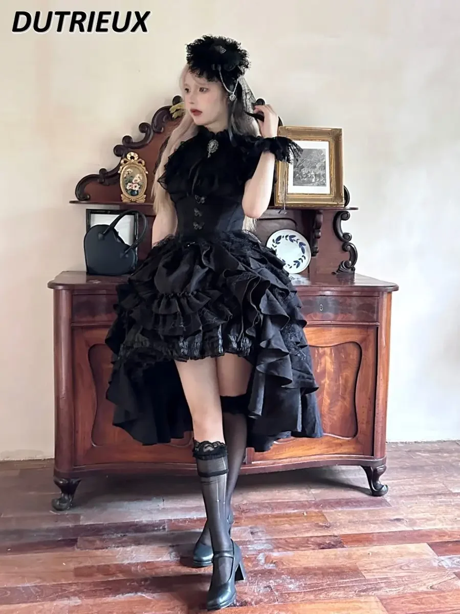 Japanese Dark Gothic Style Lolita High Waist Skirt Spring and Autumn New Sweet and Cute Girls Versatile Solid Color Puffy Skirts