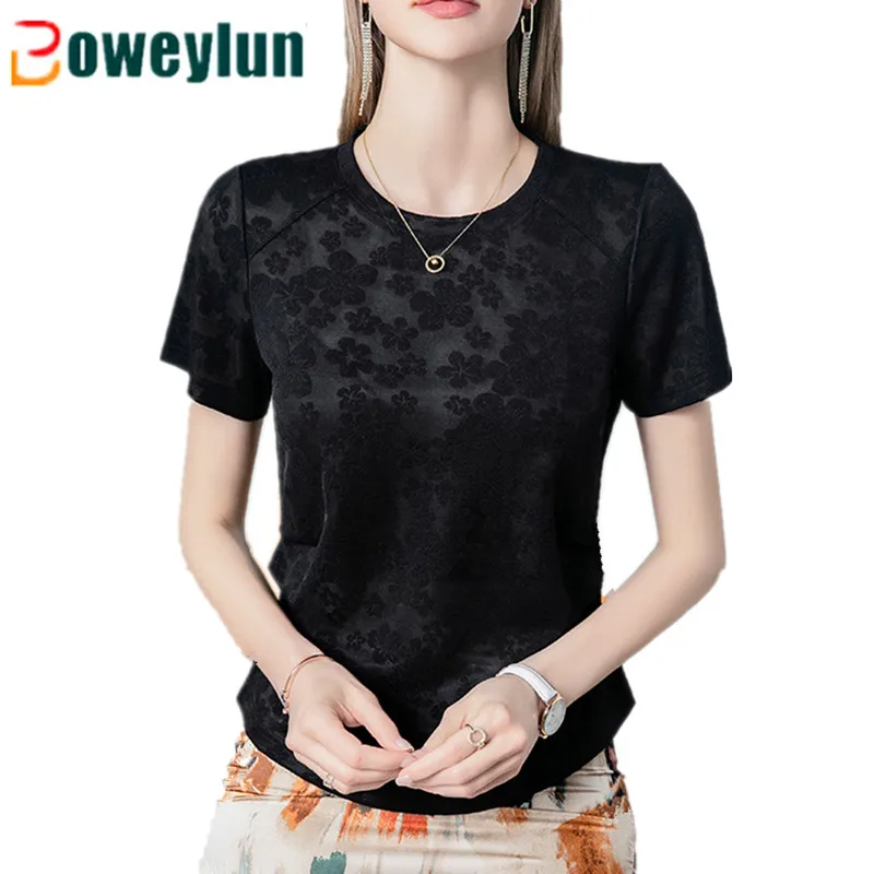 Boweylun New Vintage Jacquard Lace Short Sleeve Top Women Summer Women's Solid Colour Round Neck T-Shirt