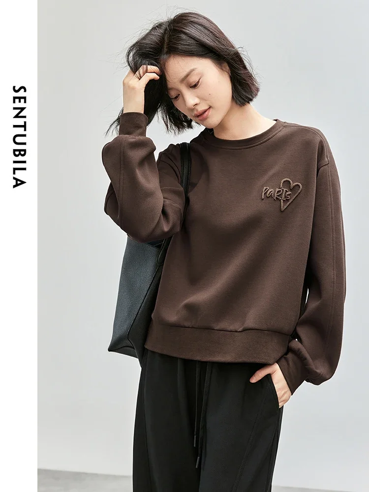 SENTUBILA Letter Embroidered Cotton Sweatshirts for Women 2024 Autumn O Neck Simple Loose Casual Simple Pullover Top 143A56423