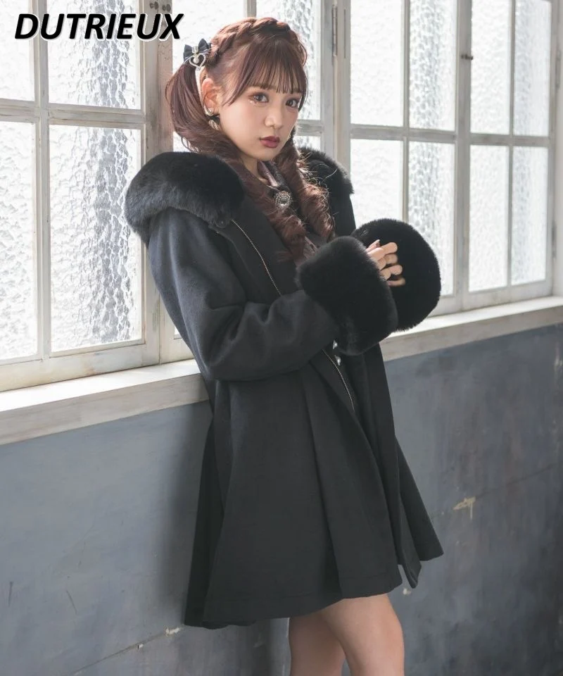 

Popular Japanese Rojita Clothes Sweet Bow Woolen Coat Hooded Snowball Winter Thicken Warm Jacket Wool Coat Women Casaco Feminino