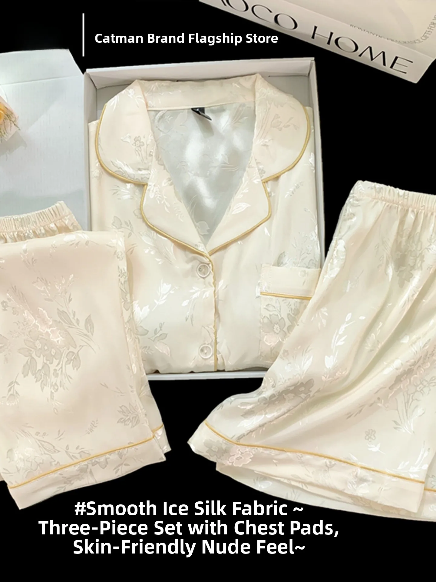 woman-summer-ice-silk-sleepwear-short-sleeve-three-piece-set-cool-feeling-home-clothes-can-be-worn-outside-with-chest-pad