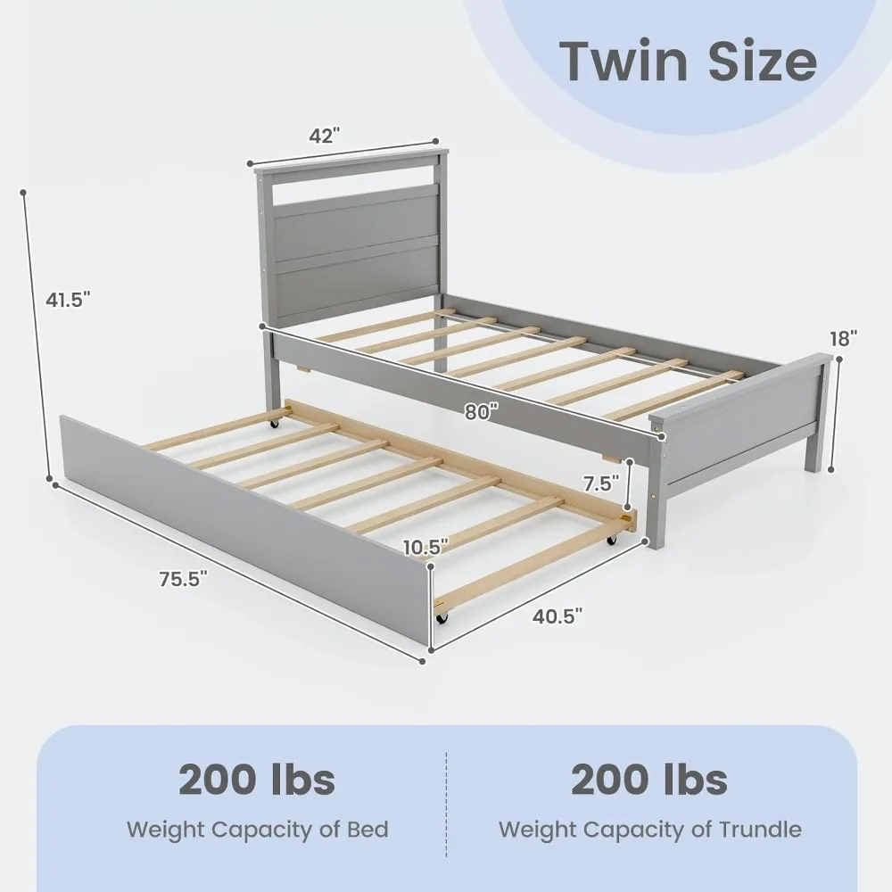 Cama nido doble, estructura de cama nido de madera con cabecero y pie de cama, soporte de listones de madera