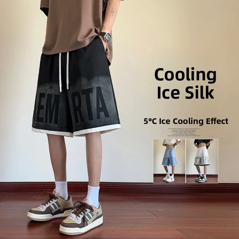 

Мужские летние брюки из ледяного шелка с буквенным принтом American Sle, новые модные брендовые брюки большого размера со средней талией в пять четвертей