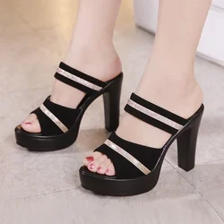 10cm Small Size 32-43 Bling Block High Heel Shoes Summer Slippers Women 2024 Thick Bottom Frosted Leather Slides Office Model