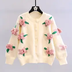 2024 Jesienno-zimowy damski kardigan z długim rękawem Vintage 3D Pink Flower Solid Color Dzianinowy kardigan damski Casual Loose Y2k Coat