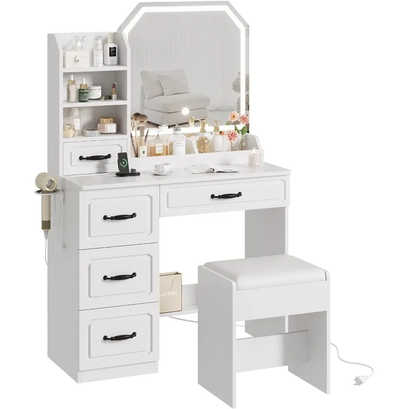 Make-up bureau met LED-verlichte spiegel, make-up kaptafel met stopcontact en 5 lades, 3 kleurmodi beschikbaar voor slaapkamer