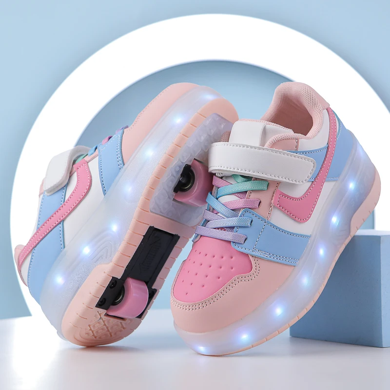 

2025 Spring new children's roller skates sports skates double roller skates running shoes with buckle rechargeable light shoes
