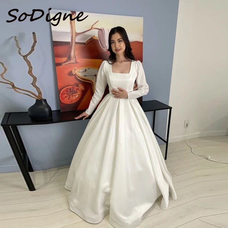 SoDigne A-line Simple Satin Wedding Dresses Square Neck Full Sleeves Bridal Dress Long Beach Bridal Gown 2025 Customized