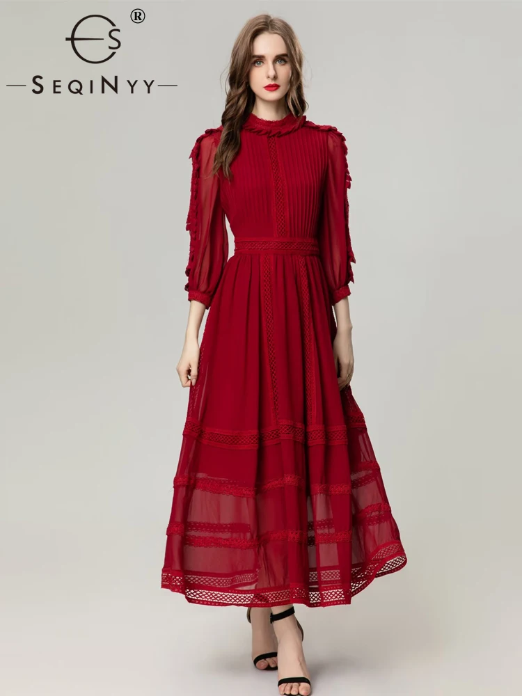 

SEQINYY Elegant Red Dress Midi Summer Spring New Fashion Design Women Runway Lace Hollow Out Pleated A-Line Party High Street