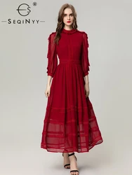 SEQINYY Elegant Red Dress Midi Summer Spring New Fashion Design Women Runway Lace Hollow Out Pleated A-Line Party High Street