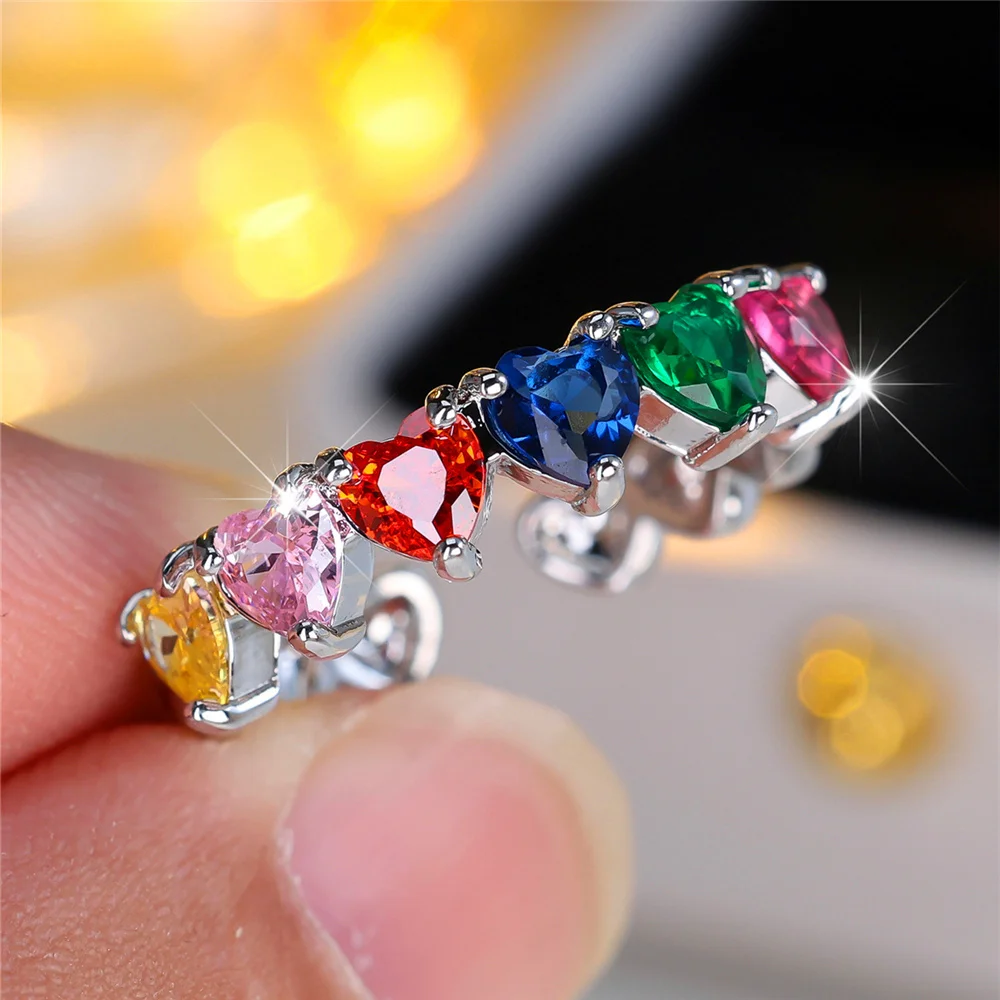 Cute Female Rainbow Zircon Stone Adjustable Heart Ring Vintage Silver Color Open Wedding Jewelry For Women