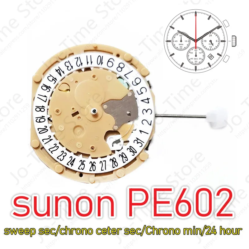 Sunon PE602 Quartz Watch - Chronograph Sweep Second 3/6/9 Small Hands 24 Hour Chrono Center Second/Chrono Min - Movement - Image 2