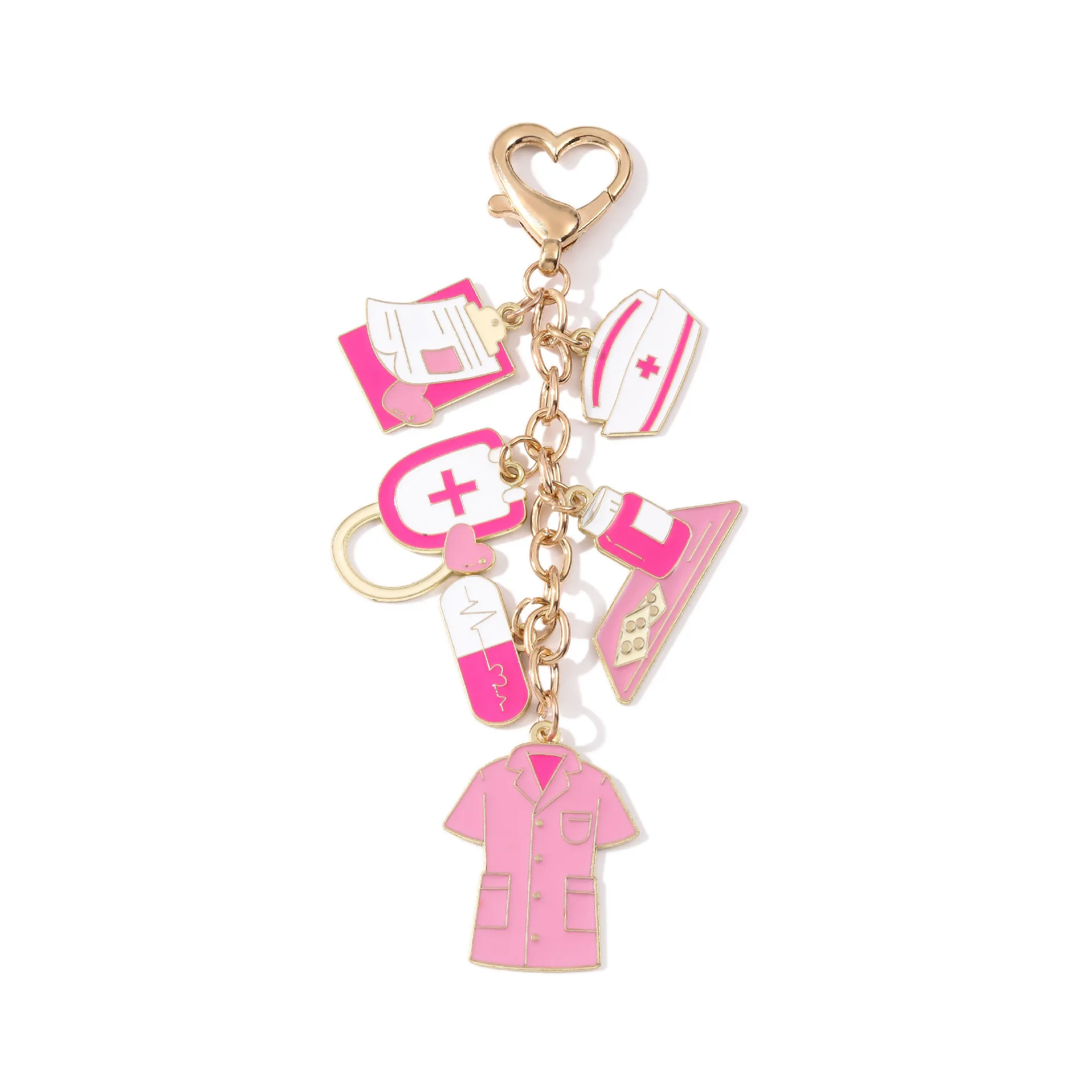 Pink Nurse Enamel Keychain Syringe First Aid Kit Stethoscope Charm Keyring Bag Pendant Aesthetic Medical Gift for Doctor Nurse