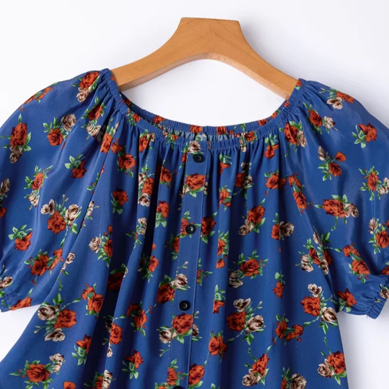 Birdtree, 100% Real Silk Print Tshirt, Double Crepe Short Sleeve Tops, Women Casual Slash Neck Shirt, 2026 Spring NewT63810JF