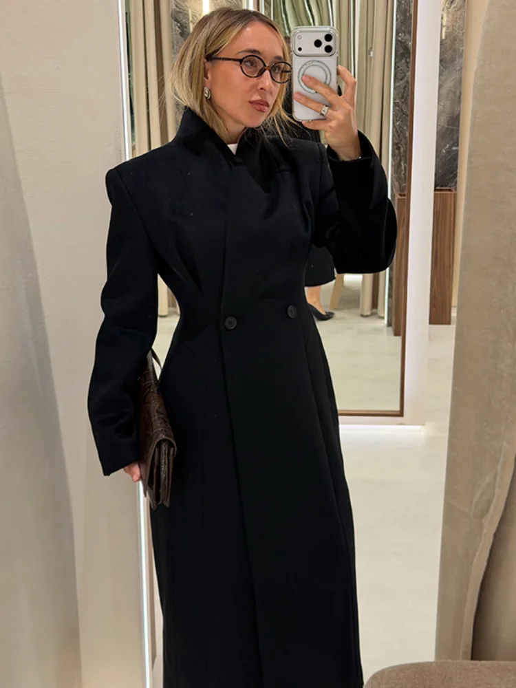 Damen-Maxi-Mantel aus Wollmischung, Sanduhr-Schnitt, Stehkragen, tailliert, schmal geschnitten, warm, elegant, lässig, Streetwear, Damen-Oberbekleidung – Detail 5