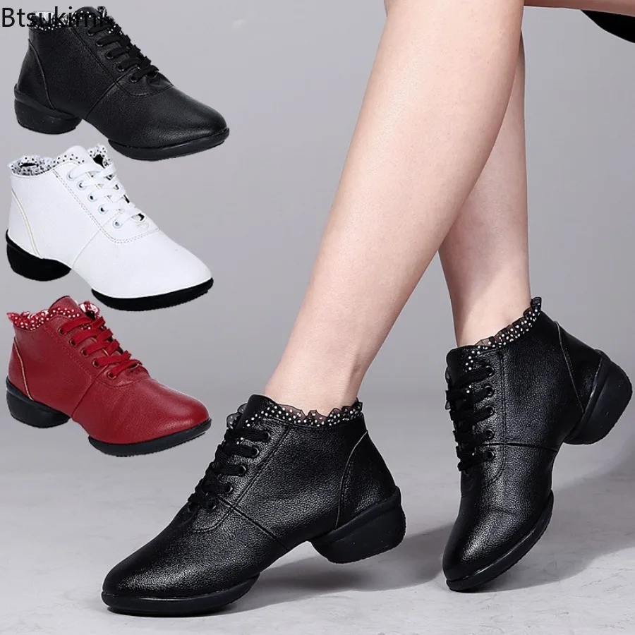 

Woman's Hollow Out Dance Shoes Genuine Leather Modern Soft Outsole Jazz Sneakers Breathable Female Dancing Fitness Sport Shoes