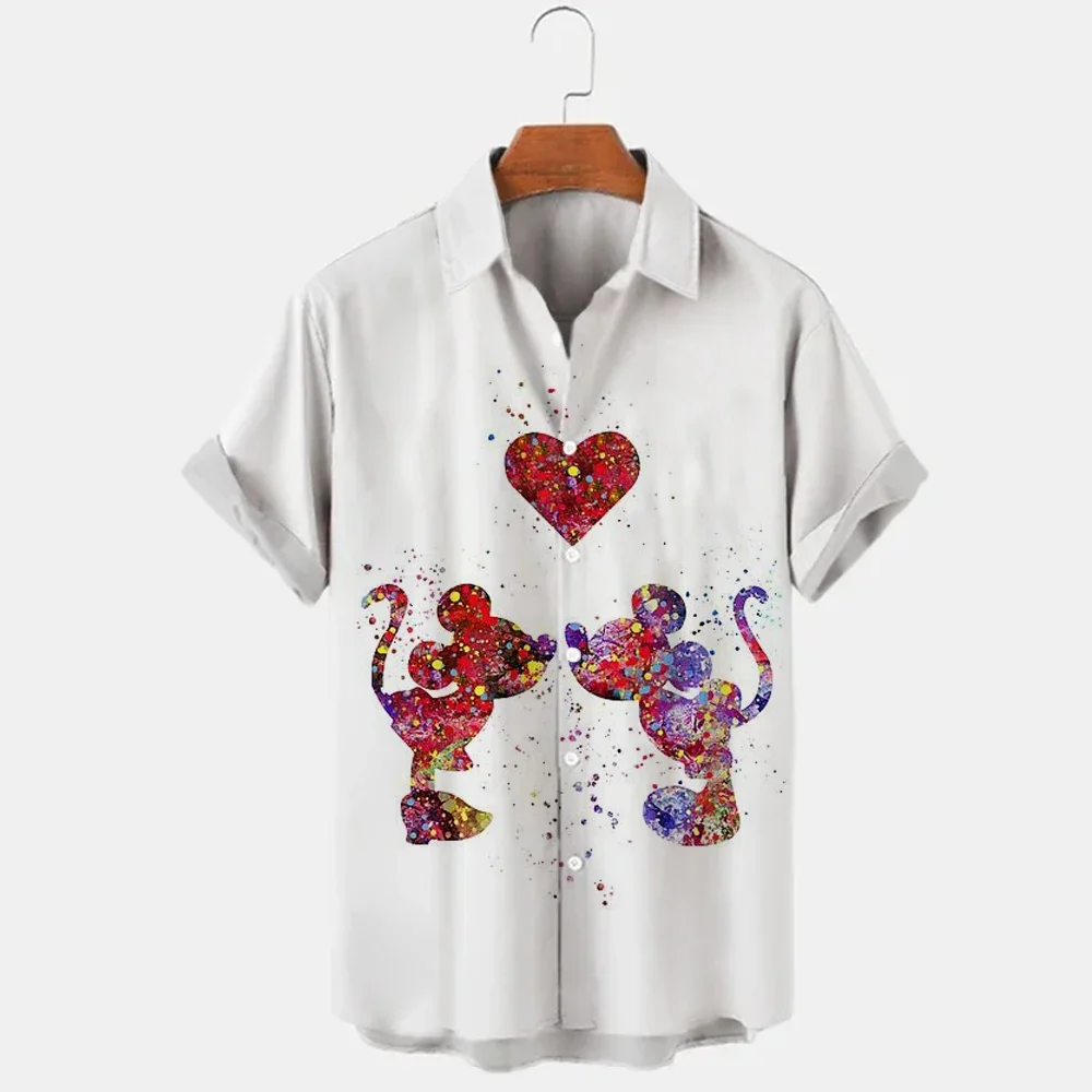 New Men\'s Lapel Cartoon Anime Mickey Mouse Print Button Short Sleeve Shirt Men\'s Casual Street Disney Shirt S-5XL Summer 2023