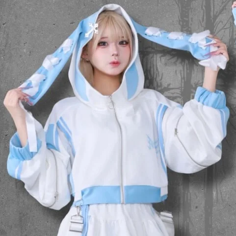 Women Harajuku Gothic Cropped Hooded Jacket Bunny Ear Hood Bow Decor Detachable Strap Zip Up Black White Streetwear Coat
