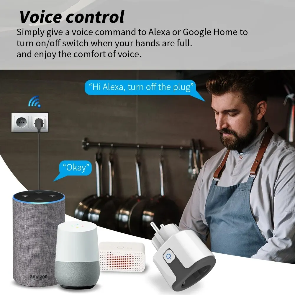 Prise de courant intelligente WiFi EU avec application Tuya, adaptateur 20A, moniteur d'alimentation, télécommande sans fil, compatible avec Google Home, Alexa