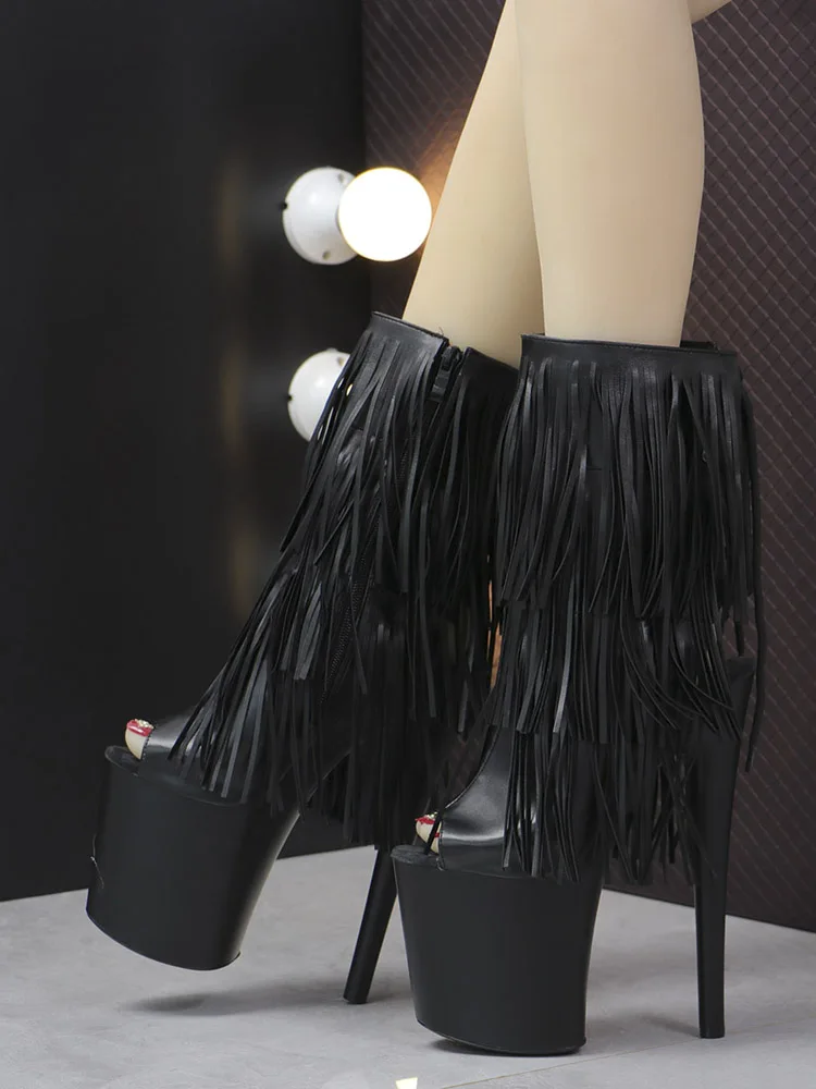 

Sexy Fetish Black Fringe Ankle Boots 20cm Peep Toe Platform Boots Pole Dance Shoes 8Inch Stripper Fashion Retro Nightclub Model