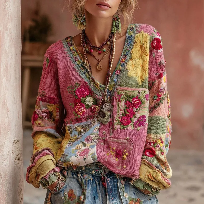 

Новый женский вязаный кардиган в стиле бохо с цветочной вышивкой, V-образным вырезом, длинными рукавами, винтажный, свободного кроя
