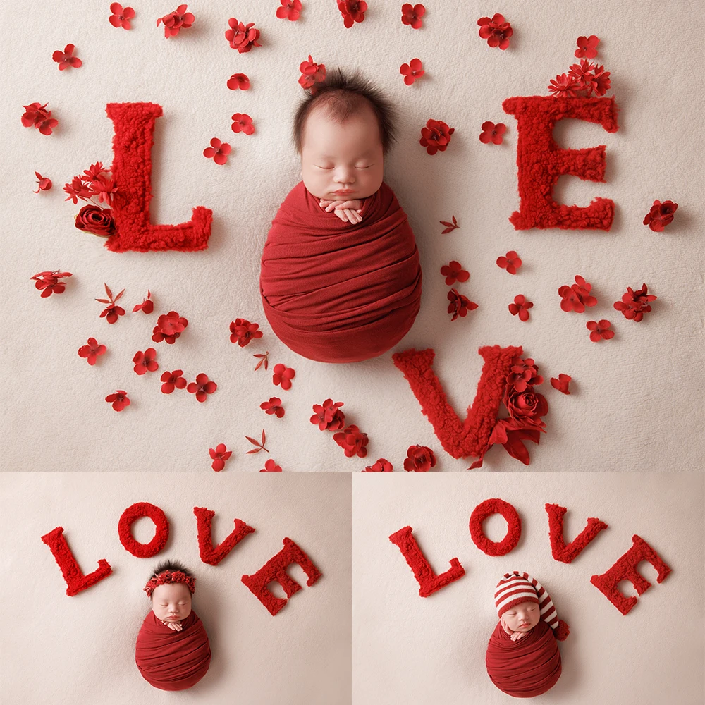 Newborn Photography Wraping Cloth Props Striped Pompom Hat Petal Love Sign Shape Decorative Props Baby Studio Red Shooting Theme