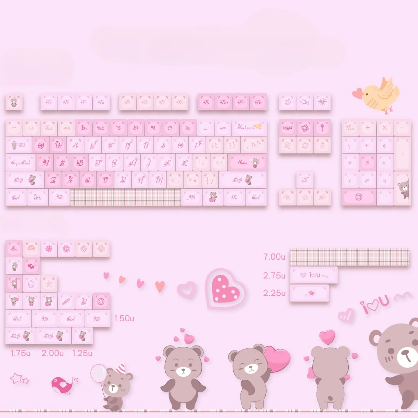 130 Keys Pink Bear Dye Sublimation BBA Profile Cute Keycaps Keycap Set for Cherry MX Switches  Mechanical Keyboards