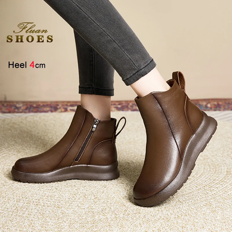 

4CM Wedge Heel Autumn Winter Side Zipper Women Cow leather Boots Soft Ankle Boots Outdoors Walking Genuine leather Woman Shoes