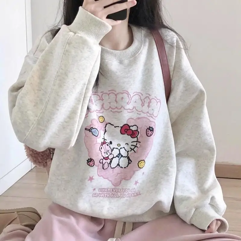 

Женская толстовка-худи Sanrio Hello Kitty, осенне-зимняя, в корейском стиле, с милым мультяшным принтом, свободного кроя, с круглым вырезом, новый стиль