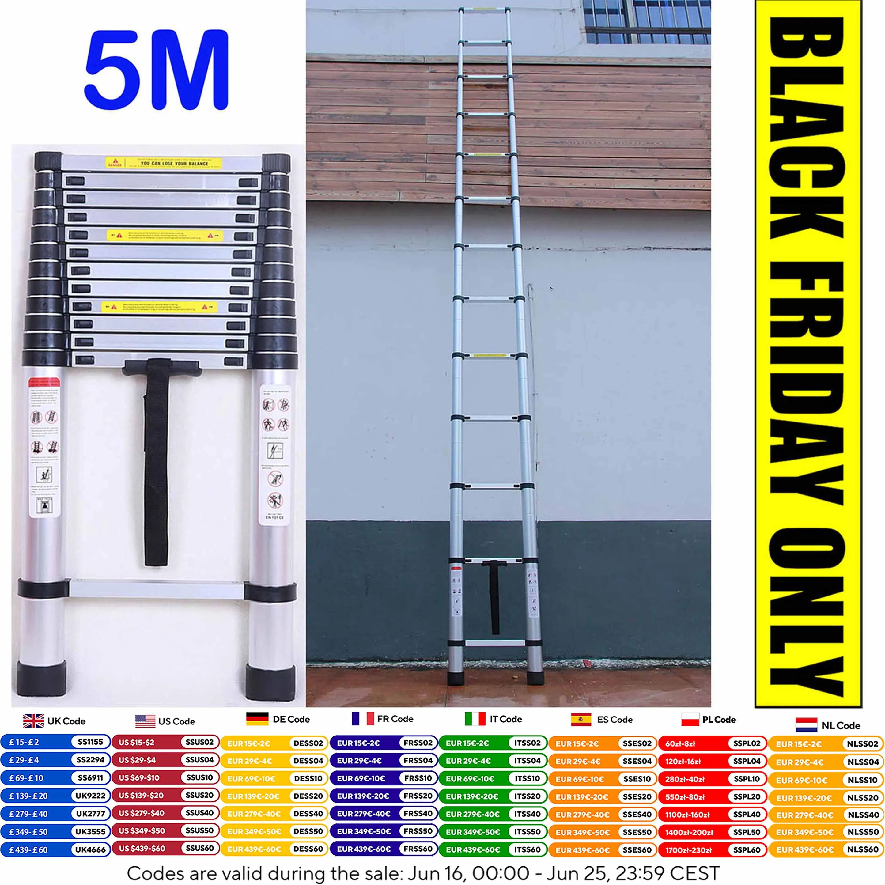

DayPlus 5m Telescopic Ladder 16.4ft Multi-Purpose Aluminum Lightweight Folding ladder Non-Slip Extendable Sturdy Home Loft Tool