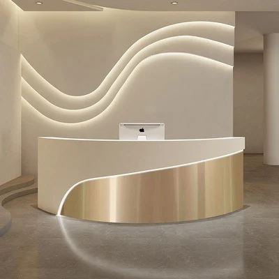 

Curved Reception Counter for Salon for High-End Reception Areas Modern Luxury Artificial White Gold Reception Desk