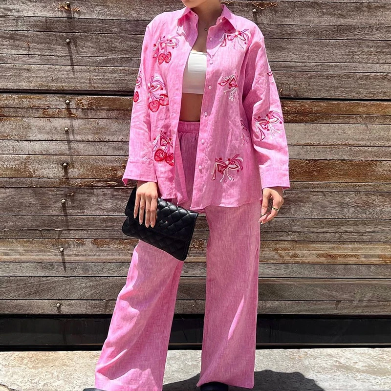 

Fashion Commuting Floral Embroidery Outfits Casual Lapel Long Sleeved Shirt & Long Pant Set Women Elegant Loose Office 2Pc Suits