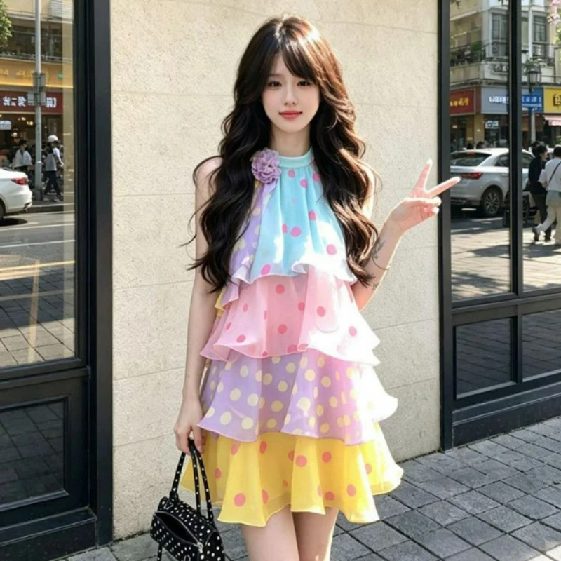 Beach Vacation Style Sleeveless Hanging Neck Cake Skirt 2026 Summer New Fashionable Dopamine Colored Polka Dot Dress for Women